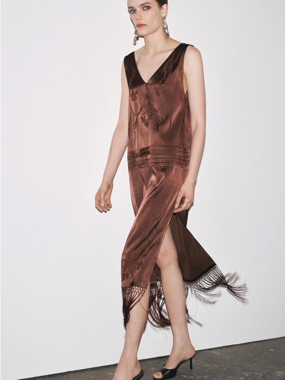 ZARA ZW Collection Brown Embroidered Fringe Dress